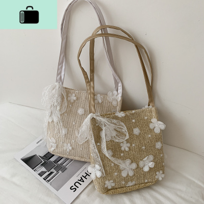 2020夏季森系仙女编织女包大容量百搭水桶购物袋小花刺绣蕾丝包NEW LAKE女士单肩包