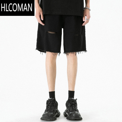 HLCOMAN黑色毛边牛仔短裤男潮美式复古夏季破洞裤男生高腰直筒宽松五分裤