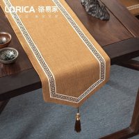 美式桌旗新中式禅意茶旗布现代简约茶几餐桌北欧电视 福延年-卡其(尖角款) 33*180cm(适用桌长1.3米-1.4米)