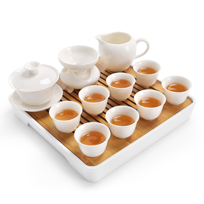 常生源茶具套装简约白瓷功夫茶具茶杯带竹面储水式茶盘白瓷映雪干泡套组