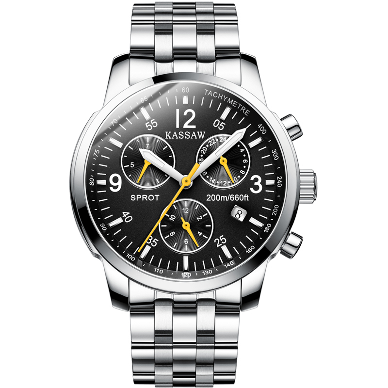 卡梭(kassaw)手表男自动机械表防水时尚三眼运动男表精钢夜光k819g