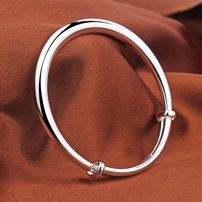 银手镯女9999纯银光面推拉可调节简约实心刻字送女友妈妈银饰礼物送女朋友老婆情人节七夕生日礼物