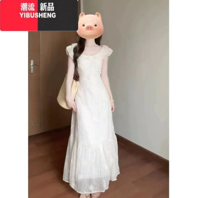 YIBUSHENG法式重工刺绣连衣裙2024新款女季气质海边度假风荷叶边长裙子潮