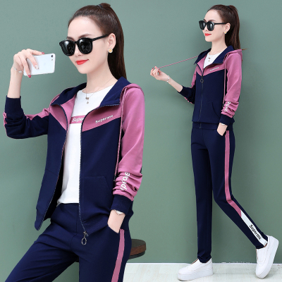 休闲运动服套装女春秋2020新款时尚大码女装宽松卫衣运动服三件套