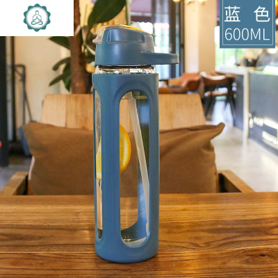 双层玻璃杯带吸管大人少女创意可爱网红防烫防摔女士喝水杯子封后蓝色-600ml