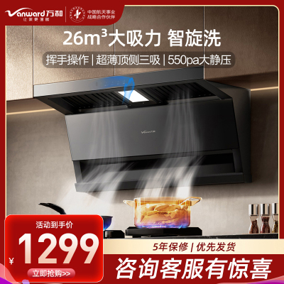 万和(Vanward)[小双翼V9LS·烟灶联动不挑灶]顶侧双吸抽排油烟机26风量家用大吸力智旋洗