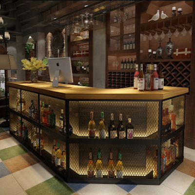 定制酒吧吧台复古工业风餐厅饭店烧烤店酒庄异形转角收银柜台带灯定制