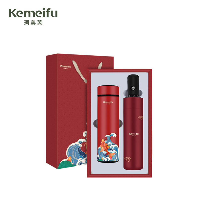 珂美芙 304不锈钢数显保温杯+折叠伞商务礼盒 红色450ml 套