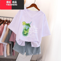 YIBUSHENG300斤V领短袖t恤女季宽松潮ins美式大码oversize半袖上衣服