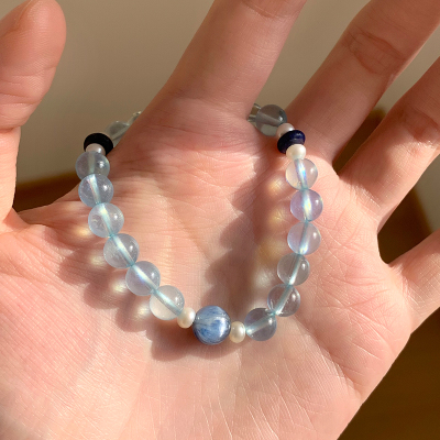 正品天然海蓝宝水晶手串女蓝晶石珍珠适合夏天的手链轻奢小众精致送女朋友老婆情人节七夕生日礼物