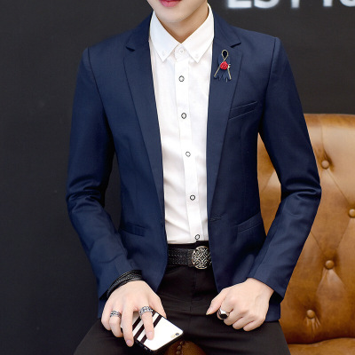 梵克公牛西服男休闲帅气单西2020韩版修身男式常规小西服西装贴牌来样来图加工男装商务工作外套藏蓝色M