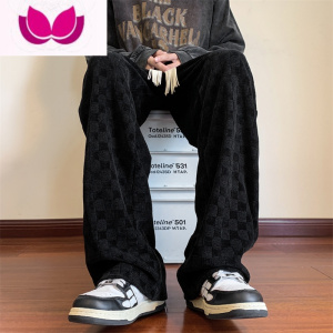 七斓棋盘格休闲长裤男士夏季新款潮牌垂感宽松阔腿运动直筒卫裤子