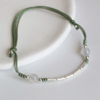 清新竹节绿手绳编织抽拉时尚新中式纯银配件手链好搭叠戴风银饰女送女朋友老婆情人节七夕生日礼物