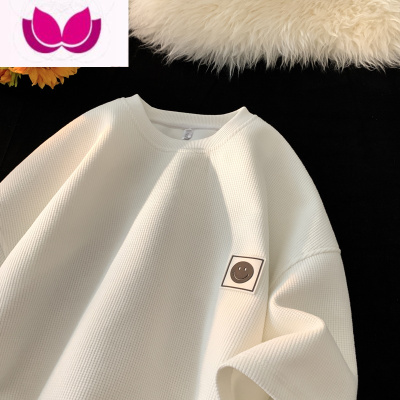 七斓棕色潮牌华夫格短袖T恤男320g高克潮流oversize体袖夏7分半袖