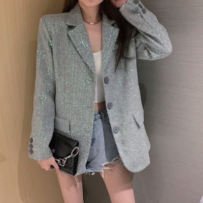 2021春秋韩版宽松设计感炸街洋气小西装外套女装亮片西服佐欧雅