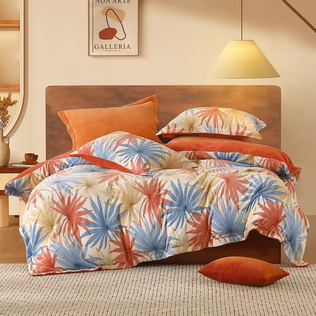 水星家纺加厚暖绒四件套 北欧 花叶影(抗静电) 1.8米220x240cm