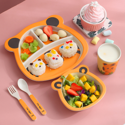 竹纤维儿童五件套餐具幼儿园儿童餐盘分格卡通可爱宝宝可爱小老虎辅食碗勺子竹纤维婴儿餐具套装
