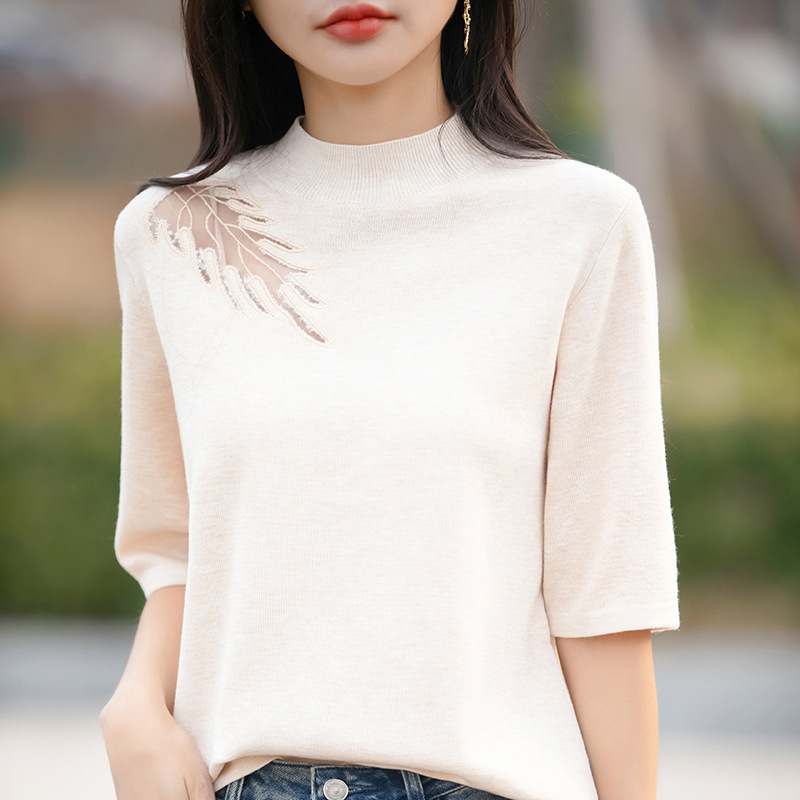 半高领中袖精纺羊毛针织衫女春夏新款蕾丝拼接打底衫薄款