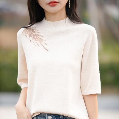 半高领中袖精纺羊毛针织衫女春夏新款蕾丝拼接打底衫薄款