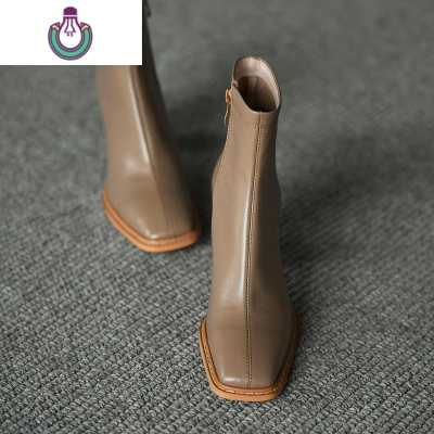 FISHBASKET方头短靴女高跟及踝靴2020秋季新款粗跟女靴子中跟马丁靴女英伦风靴子