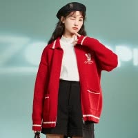 [2.5折价141元]疯狂动物城联名唐狮秋冬新款撞色翻领针织开衫韩系红色女毛衣