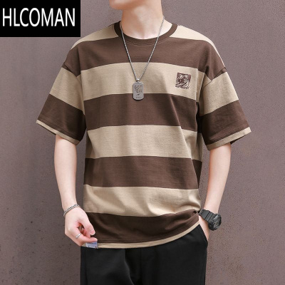HLCOMAN潮牌条纹短袖t恤男士休闲宽松半袖圆领上衣夏季韩版潮流体恤.