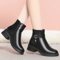 年新款妈妈鞋秋冬女鞋软底粗跟短靴加绒保暖棉鞋