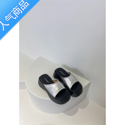 SUNTEK网红厚底银色一字拖鞋女鞋外穿2023夏季坡跟凉拖度假沙滩凉鞋