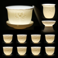 苏氏陶瓷(SUSHI CERAMICS)中国白瓷茶具莲花羊脂玉功夫茶具德化陶瓷礼盒装(亚光8杯)