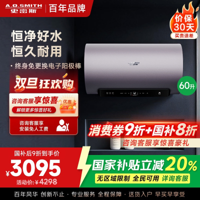 AO史密斯60升电热水器 国家补贴 金圭内胆 双棒分离速热 免换镁棒 免清洗短款 E60ED8-B