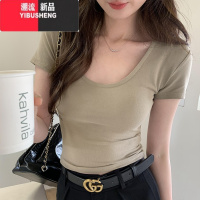 YIBUSHENG美式U领正肩美拉德T恤女辣妹风短袖2024季紧身显瘦露腰短款上衣