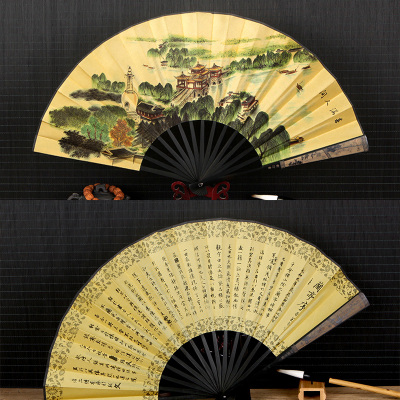 扇子时尚复古男士折扇雕刻丝绸10寸大绢扇古风竹扇-黑竹雕刻柄-春满人间
