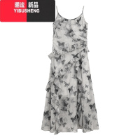 YIBUSHENG法式蝴蝶印花木耳边吊带连衣裙女季2024新款气质不规则长裙子潮