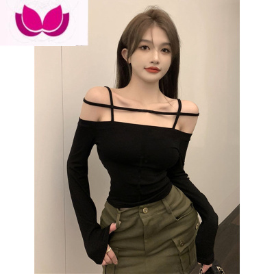 七斓法式一字肩打底衫长袖t恤女设计感别致秋紧身高级感辣妹露肩上衣