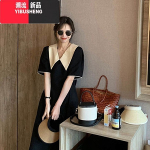 YIBUSHENG2024新款高端精致法式娃娃领黑色连衣裙子女季梨形微胖显瘦长裙