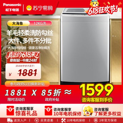 松下(Panasonic)大海象12公斤超大容量全自动波轮洗衣机抗菌除螨一键操作毛毯浸泡洗轻柔洗 XQB120-K2M1