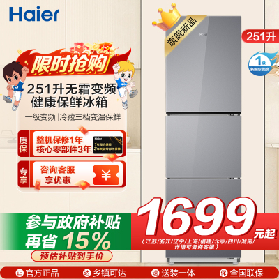 海尔(Haier) 251升无霜变频健康保鲜冰箱 简美三门 自然新鲜 一级变频 黑金净化BCD-251WGHC3E7AS