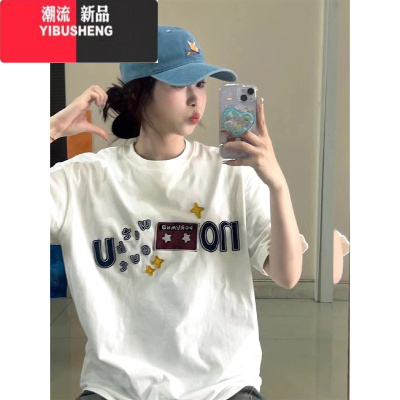 YIBUSHENG美式复古涂鸦短袖t恤女季oversize宽松chic港味休闲半袖上衣潮