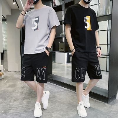 华中铭(HUAZHONGMING)休闲运动套装男士夏季纯棉短袖t恤两件套搭配短裤男装一套潮ins时尚帅气2021新款衣服