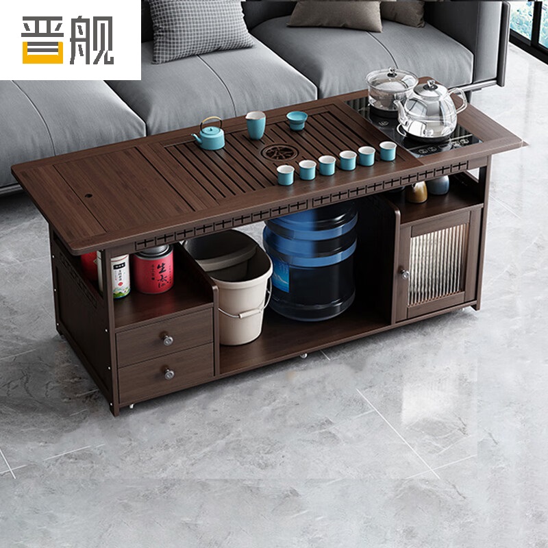 晋舰 移动茶台家用竹木小茶桌烧水壶一体简约现代功夫茶几120长茶字面玻璃电器+孔雀茶具