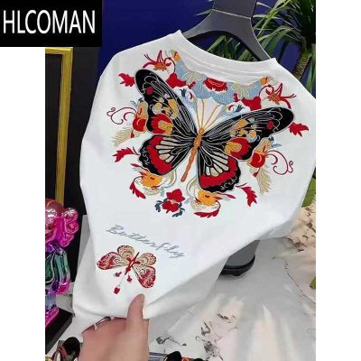 HLCOMAN潮牌短袖男夏季薄款圆领T恤衫高级感印花蝴蝶半袖衫透气修身