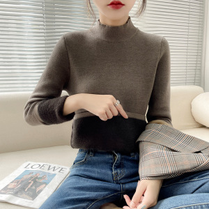 半高领加绒毛衣打底衫女2023新款秋冬女士加厚保暖修身内搭针织衫