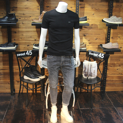 夏季薄款男T恤简单小字母丝光棉修身圆领青年净版短袖男半袖体恤