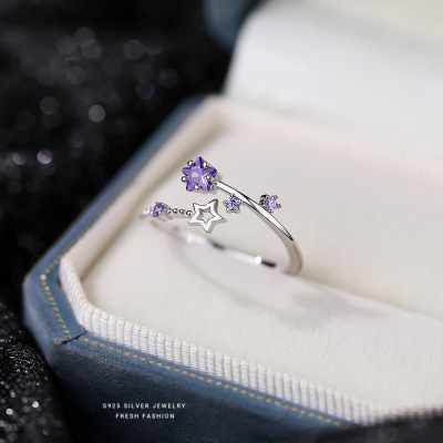 韩版轻奢紫色锆石星星戒指女s925纯银小众百搭小星愿指环可调节送女朋友老婆情人节七夕生日礼物