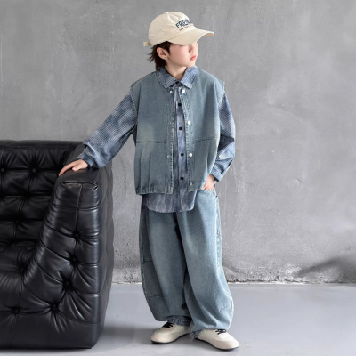 男童春装套装2026新款韩范儿童衣服中大童衬衫马甲三件套春秋款潮