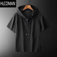 HLCOMAN2025夏季新款潮流男士半袖卫衣连帽宽松休闲百搭时尚短袖T恤潮男