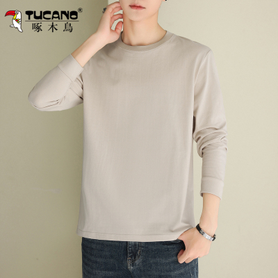 啄木鸟长袖t恤男纯棉秋季2025新款宽松圆领休闲百搭打底衫卫衣服