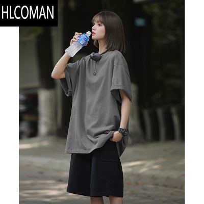 HLCOMAN深灰色正肩t恤美式复古夏季短袖男高街日系穿搭情侣半袖
