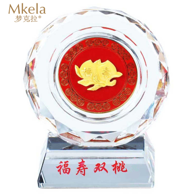  梦克拉 足金工艺水晶摆件 福寿双桃