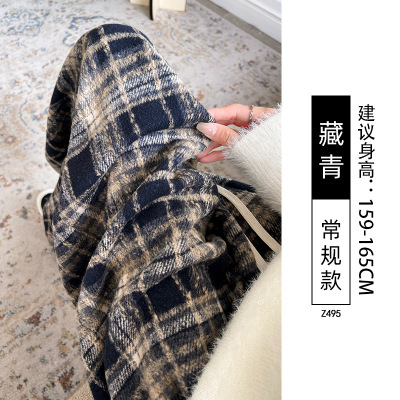 格子阔腿裤女春秋季新款高腰垂感直筒休闲小个子加绒加厚毛呢